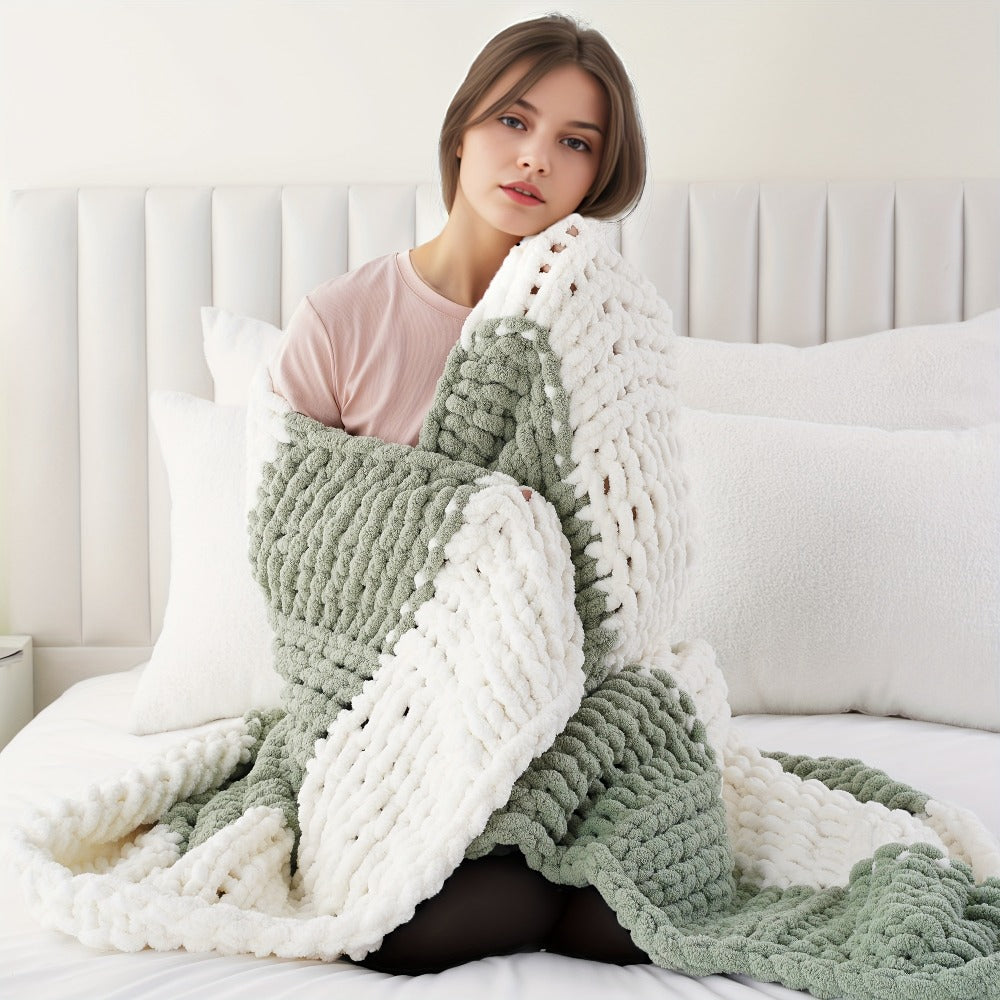 Chunky Chenille Cable Knit Throw Blanket ¨C 350-400gsm Soft Warm Crochet Throw for Sofa, Bed & Couch, Vintage Patchwork, 14 Colors