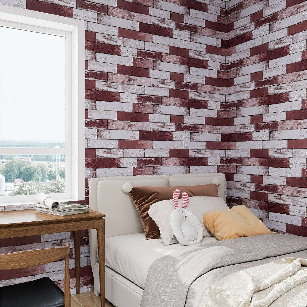 3D Brick Foam Wallpaper Self Adhesive Peel and Stick Wall Panels Waterproof PVC Rustic Brick Pattern Home Bathroom Kitchen Wall Decor Blue Brown Red 17.5in Wide