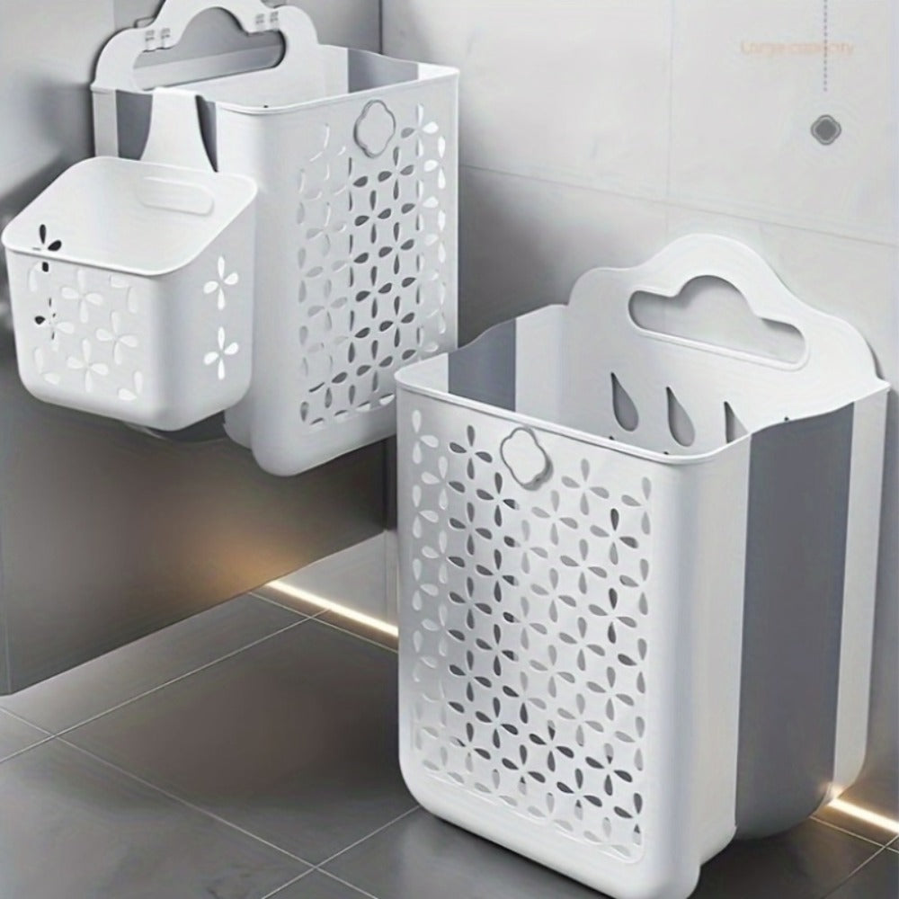 Foldable Laundry Basket Wall Mounted ¨C No-Drill Plastic Storage Bin with Cutout Design for Clothes, Toys, Snacks & Fruits ¨C Space-Saving Collapsible Organizer for Bathroom, Balcony & Bedroom