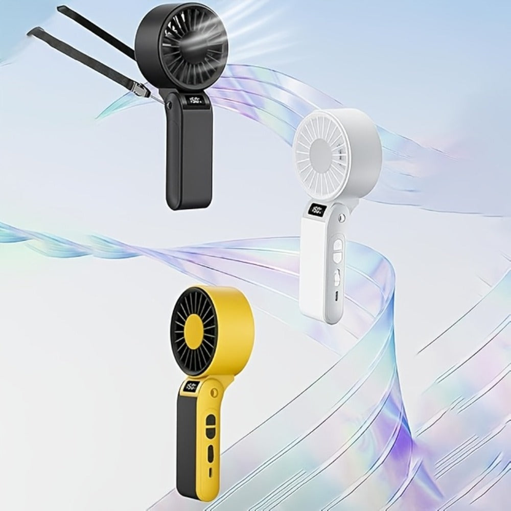 Handheld Fan USB-C Rechargeable 150-Speed Stepless Adjustable Turbo Fan LED Display Foldable Wearable Neck Desk Fan for Outdoor Travel Office Camping Black White Yellow