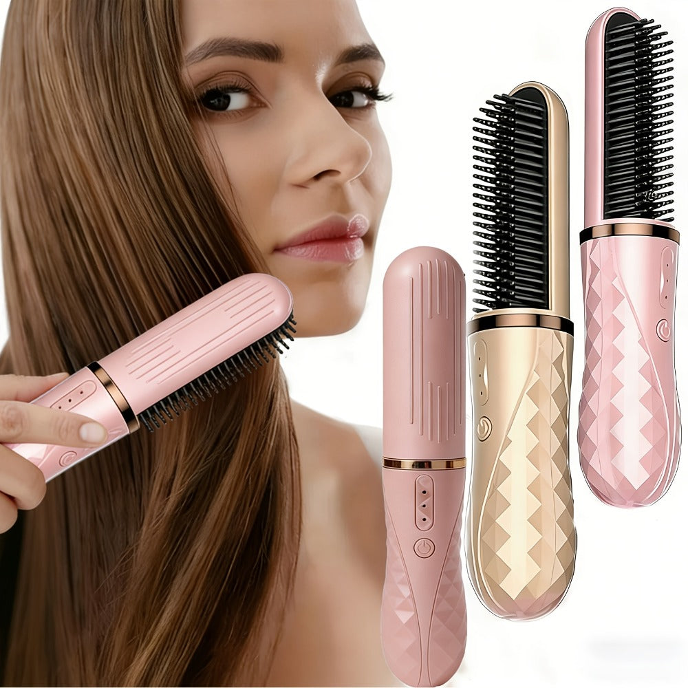 Cordless Hair Straightener Brush USB-C Rechargeable 2000mAh Lithium Battery 3-Level Temperature Control Dual-Use Straightening and Curling Portable Travel Styler for Women