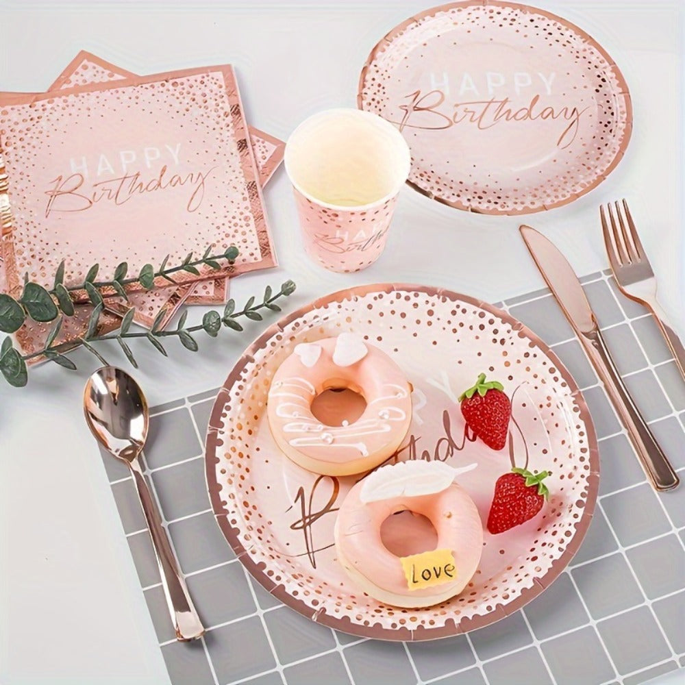 Birthday Party Plates and Napkins Set 175pcs Pink Rose Gold Disposable Tableware Forks Knives Spoons Serves 25 Guests Girl Birthday Party Supplies