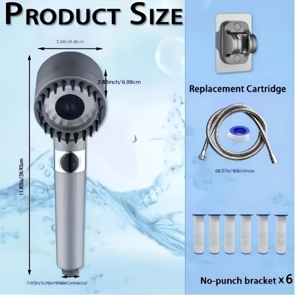 High Pressure Shower Head Set 4-Piece ¨C Turbine Spray Wall Mounted, 3-Stage Adjustable Mode, 6 Water Filters & 68¡± Hose, Skin-Friendly Bathroom Shower Upgrade Kit