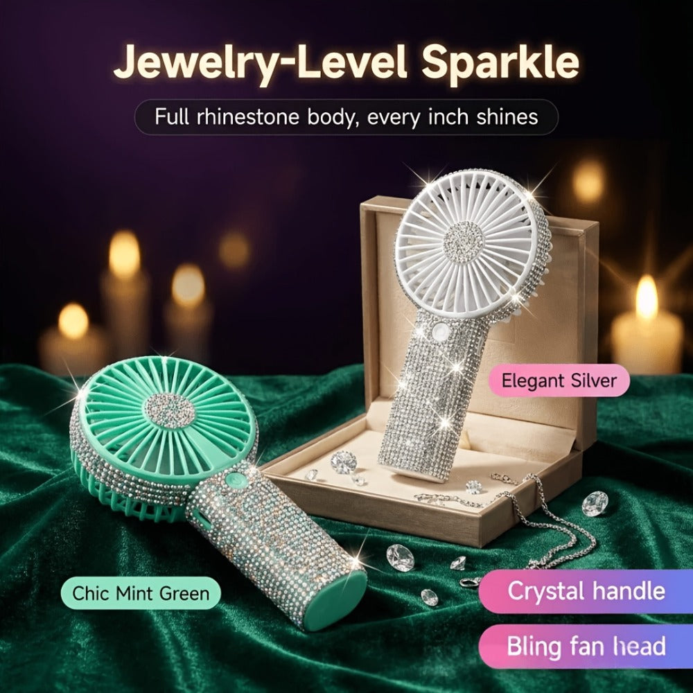 Rhinestone Handheld Fan Mini USB Rechargeable, Crystal Diamond Sparkling Personal Fan 3-Speed for Women and Girls, Elegant Portable Fan for Wedding, Outdoor, Travel, Office and Indoor Use