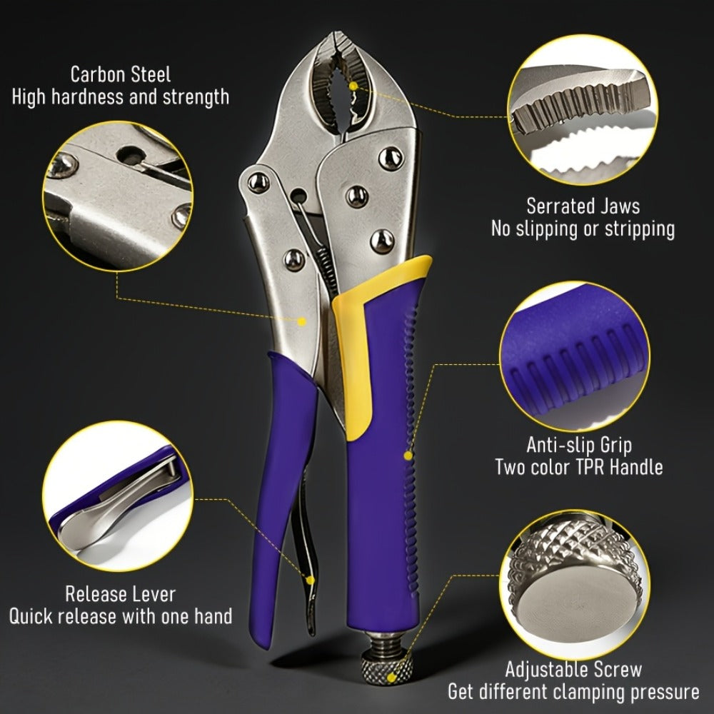 Locking Pliers Set 6pcs Heavy Duty, Includes Needle Nose Pliers 6.5¡± & 9.5¡±, Curved Jaw Locking Pliers 5¡± 7¡± 10¡±, C-Clamp L-Type Pliers with Roll Bag & Ergonomic Metal Handles for Auto, DIY & Workshop
