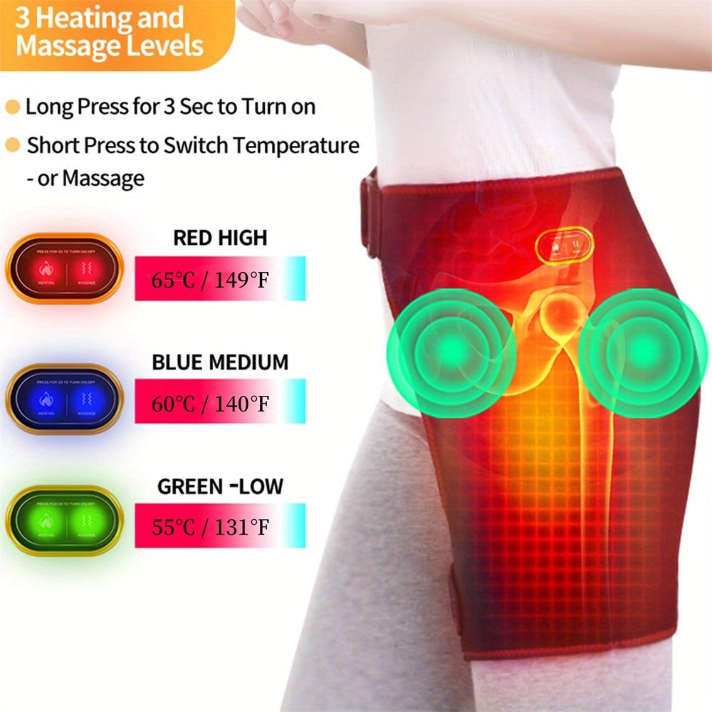 Heated Hip Brace USB Electric Heating Pad with 3 Vibration Massage Modes Hip Pain Relief Wrap Belt for Women Men Sciatica Arthritis SI Joint Lower Back Therapy