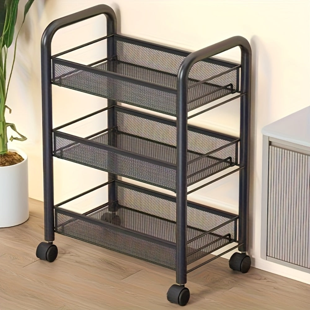 Rolling Storage Cart on Wheels ¨C 3/4/5 Tier Carbon Steel Wire Basket Trolley, Black Metal Utility Cart for Kitchen, Bathroom, Bedroom, Office & Living Room, Space-Saving Detachable Shelving Unit