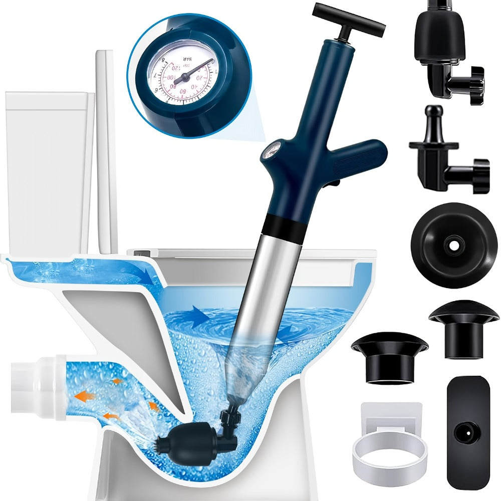 Toilet Plunger Set High Pressure Air Drain Unclogger - Stainless Steel Toilet Snake & Air Discharge Impactor for Clogged Toilet, Kitchen Sink, Bathroom Drain & Pipe Blockage Removal