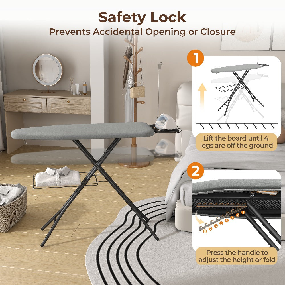 Ironing Board Full Size Foldable Height Adjustable with Clothes Rack Cord Holder 4-Layer Pad Heavy Duty Steel Legs for Laundry Room Living Room Dorm