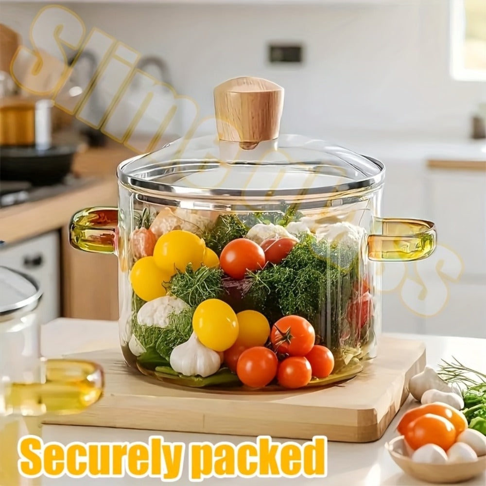 Borosilicate Glass Pot with Lid 50oz Stovetop & Microwave Safe ¨C Double Heat-Resistant Handles for Soup, Milk & Porridge | Transparent Glass Saucepan Kitchen Cooker with Yellow or Green Handle