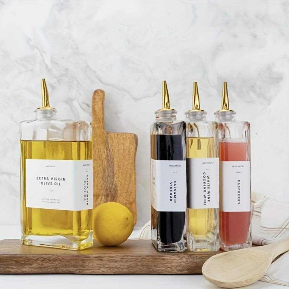 Glass Oil Dispenser Bottle 350ml - Olive Oil Vinegar Soy Sauce Coffee Syrup Dispenser for Kitchen, Rectangular Stable Design, Set of 2 or 4, Gold Silver Black White