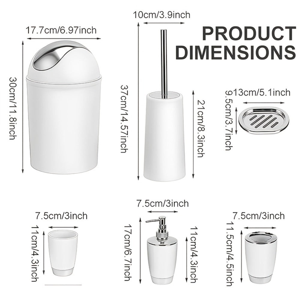 Bathroom Accessory Set 7 Piece - Luxury Modern Complete Bath Set with Trash Can Toilet Brush Lotion Dispenser Soap Dish Mouthwash Cup Toothbrush Holder | Space Saving Easy Clean Housewarming Gift 7 Colors