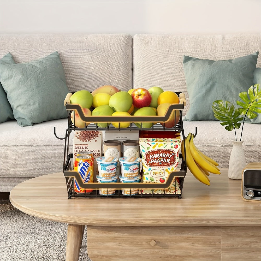 Fruit Basket with Banana Hanger, 2-3 Tier Metal Countertop Organizer with Wooden Handle ¡ª Detachable Kitchen Storage Stand for Fruits, Vegetables & Bread | Large Capacity | Black