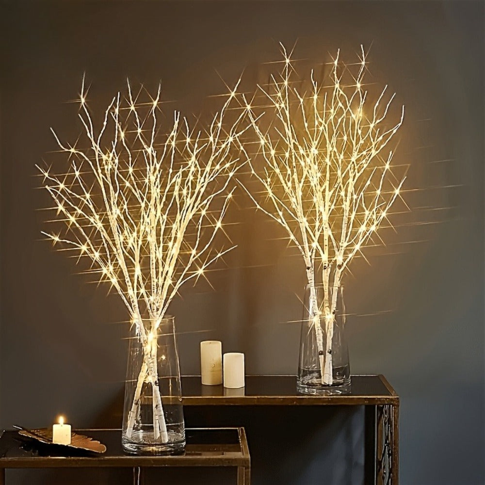 Birch Branch Lights Set of 2, Artificial Luminous Birch Tree Branches with Green Leaves & LED Fairy Lights ¡ª Battery Powered Indoor Decor for Christmas, New Year, Home & Reading Nook