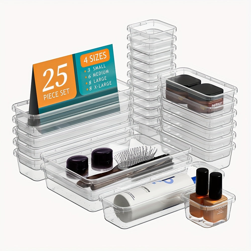 Drawer Organizer Set 25pcs Transparent Plastic Storage Boxes | Bathroom Vanity Makeup Organizer Tray for Cosmetics, Jewelry, Office Desk & Bedroom Dresser - Multifunctional PET Stackable Divider Kit