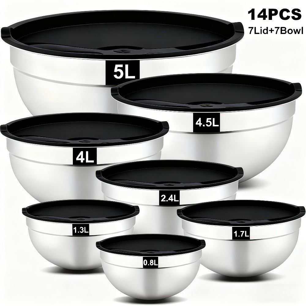 Stainless Steel Mixing Bowls with Airtight Lids Set of 14 Seven Nesting Bowls 0.7 to 4.5QT for Mixing Serving Salad Food Prep Kitchen Storage