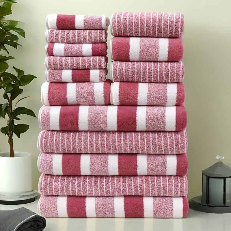 Coral Fleece Towel Set 9 or 15 Piece No Hair Loss 320GSM - Super Soft Absorbent Two-Color Striped | 2 Bath 2 Face 5 Hand Towels | Gray Brown Red Green Blue Mixed | Bathroom Beach Essentials