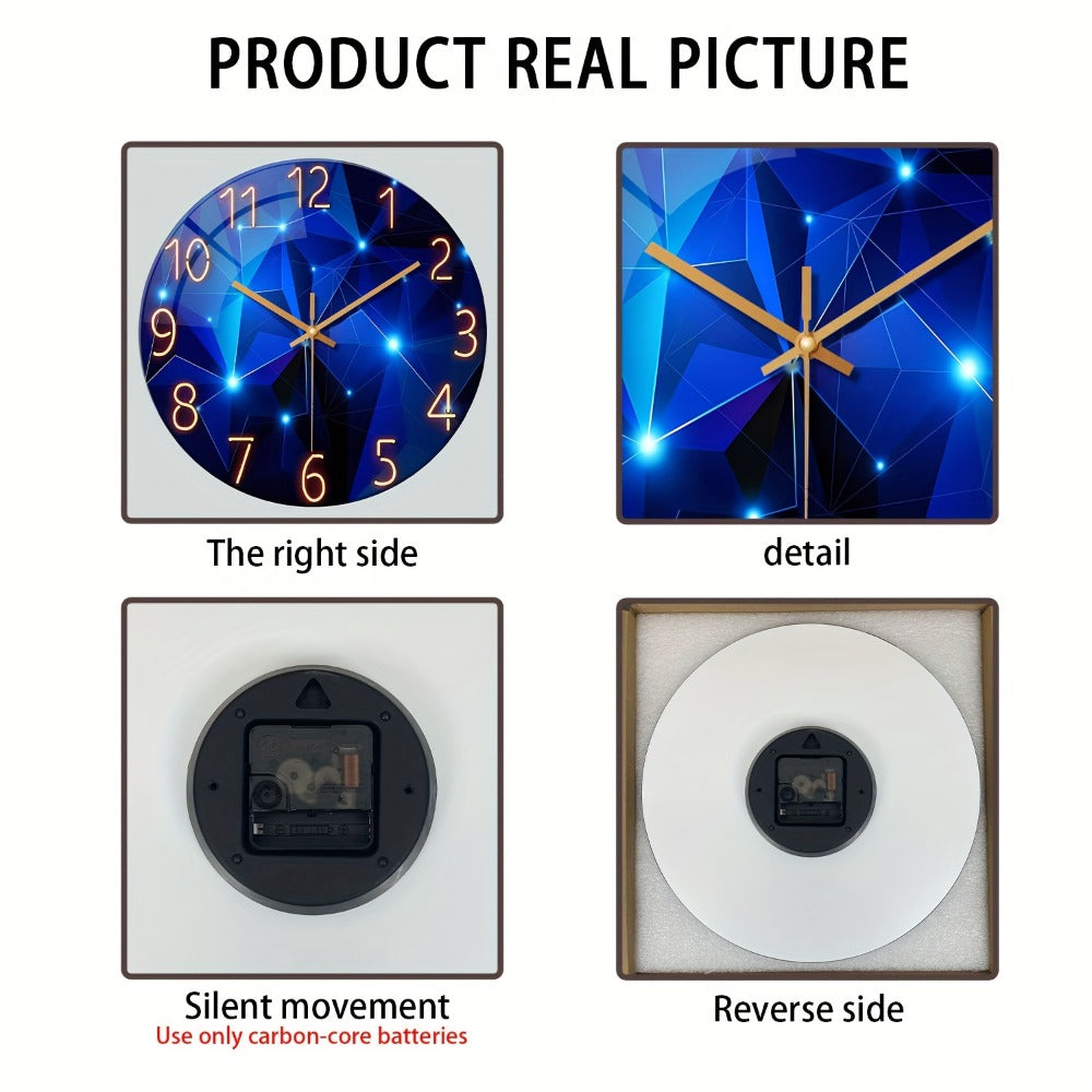 Modern Blue Glass Wall Clock Silent Non-Ticking Quartz Movement Battery Operated Tempered Glass Large Wall Clock for Living Room Bedroom Office Home Decor Gift