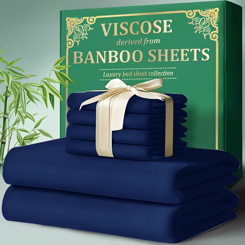 Bamboo Cooling Bed Sheet Set 4pcs - Ultra Soft Breathable Deep Pocket Fitted Sheets, 2200TC Cooling Fabric, Shrink & Wrinkle Resistant, All-Season Bedding