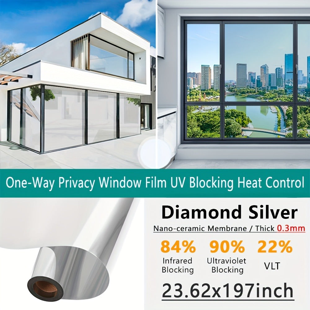 One Way Privacy Window Film Static Cling No Glue - Heat Control Anti-Glare Sun Blocking Reflective Mirror Tint for Home Office Hotel, Nano Ceramic 5Mil PVC, Easy Install Removable Window Privacy Film