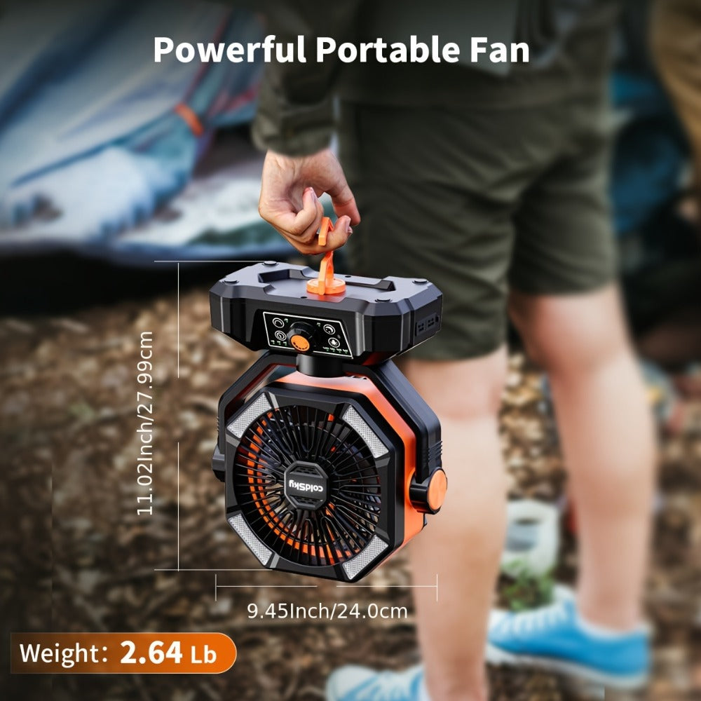 Battery Powered Camping Fan 20000mAh - 8-Speed Dual Motor Desk Fan with 4 LED Lanterns, Hook & Remote Control | Portable Outdoor Fan for Tent, Power Outage & Construction Site | Green, Black & Orange