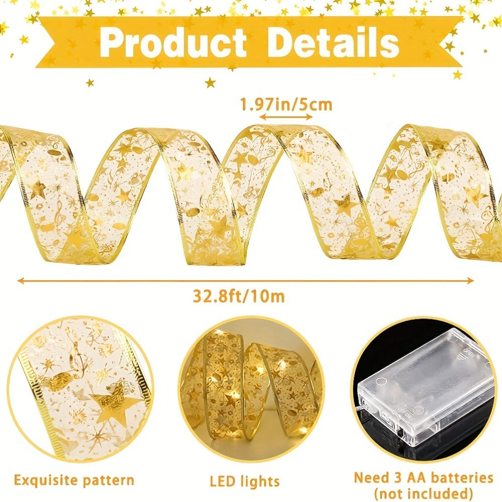 LED Christmas Fairy String Lights Battery Powered - 10M/32.8FT Golden Warm White Ribbon Garland for Christmas Tree, Indoor Party & Holiday Decorations