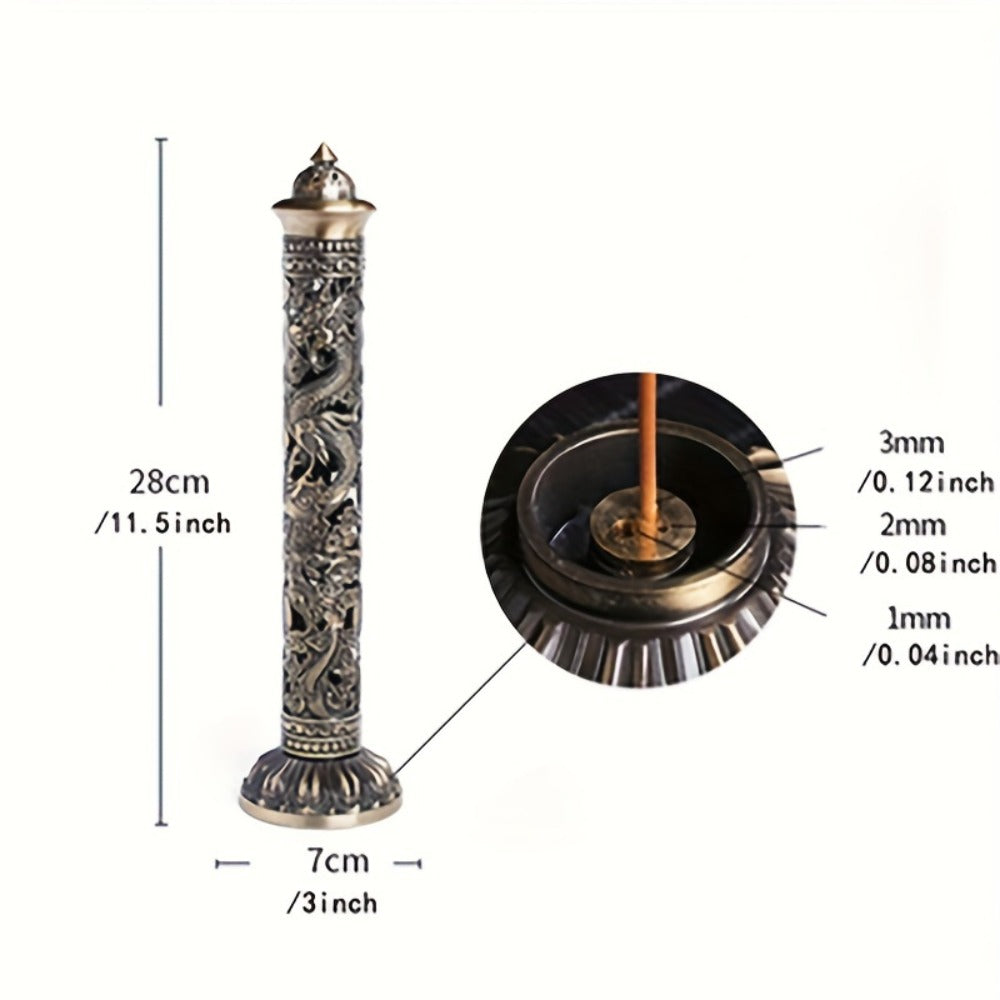 Incense Stick Holder Metal Retro Vertical Design, Dragon & Phoenix Heart Sutra Motif Brass Incense Burner Stand, Home Office Altar Meditation Ceremony Decoration Gift