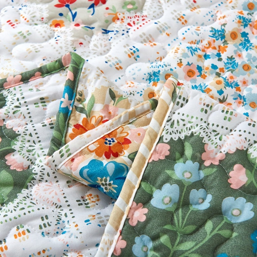 Quilt Set 2 3 Piece Lightweight Floral Patchwork Coverlet Bedding Set with Pillow Shams, Boho Quilted Bedspread for Twin Full Queen King, All Season Soft Cozy Bed Cover Green Blue Pink Grey