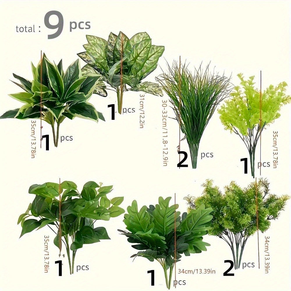 Artificial Boxwood Stems 9-Pack UV Protected ¨C Faux Plastic Greenery for Indoor Outdoor Decor, Hanging Garden, Porch, Window Box, Wedding & Farmhouse Home Decoration, Realistic Fake Plants
