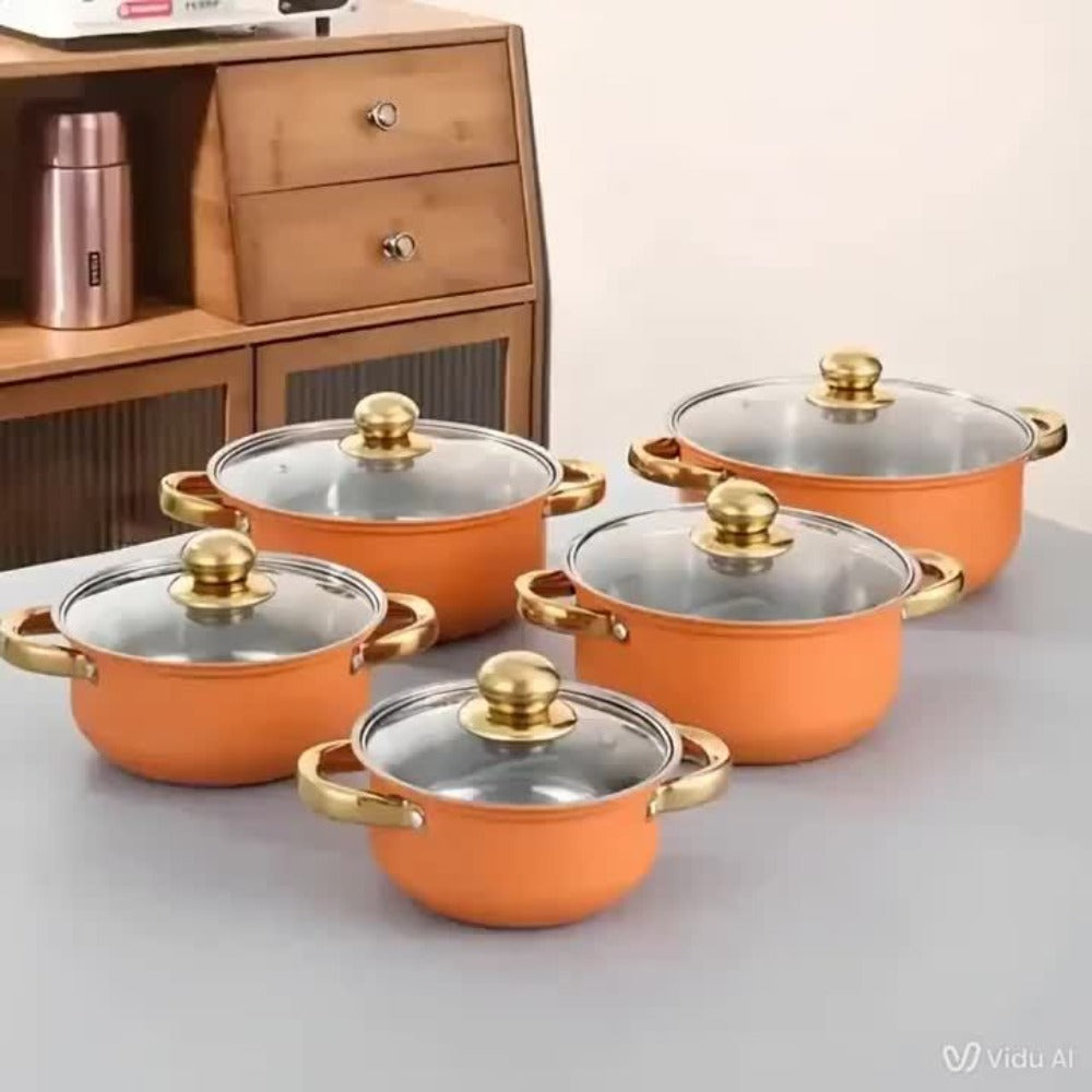 Stainless Steel Non-Stick Cookware Set 10/12pcs, 316 Grade Steel Frying Pan, Stockpot & Milk Pot with Lid, Multi-Functional Kitchen Cooking Set in Gold, Pink & Orange