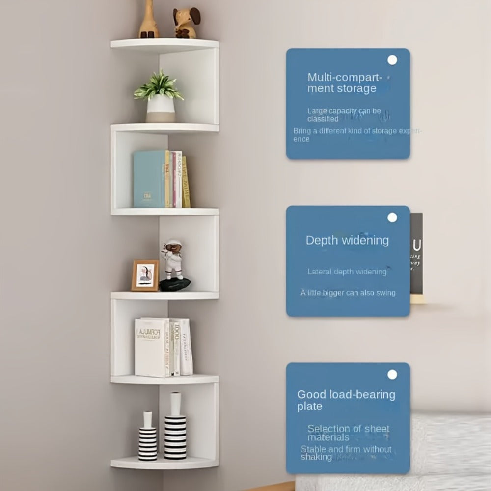 5-Tier Wall-Mounted Corner Shelf ¨C Space-Saving Floating Storage Organizer in White Acrylic for Bathroom, Living Room, Bedroom, Kitchen & Office, Decorative Corner Rack & Versatile Room Organizer