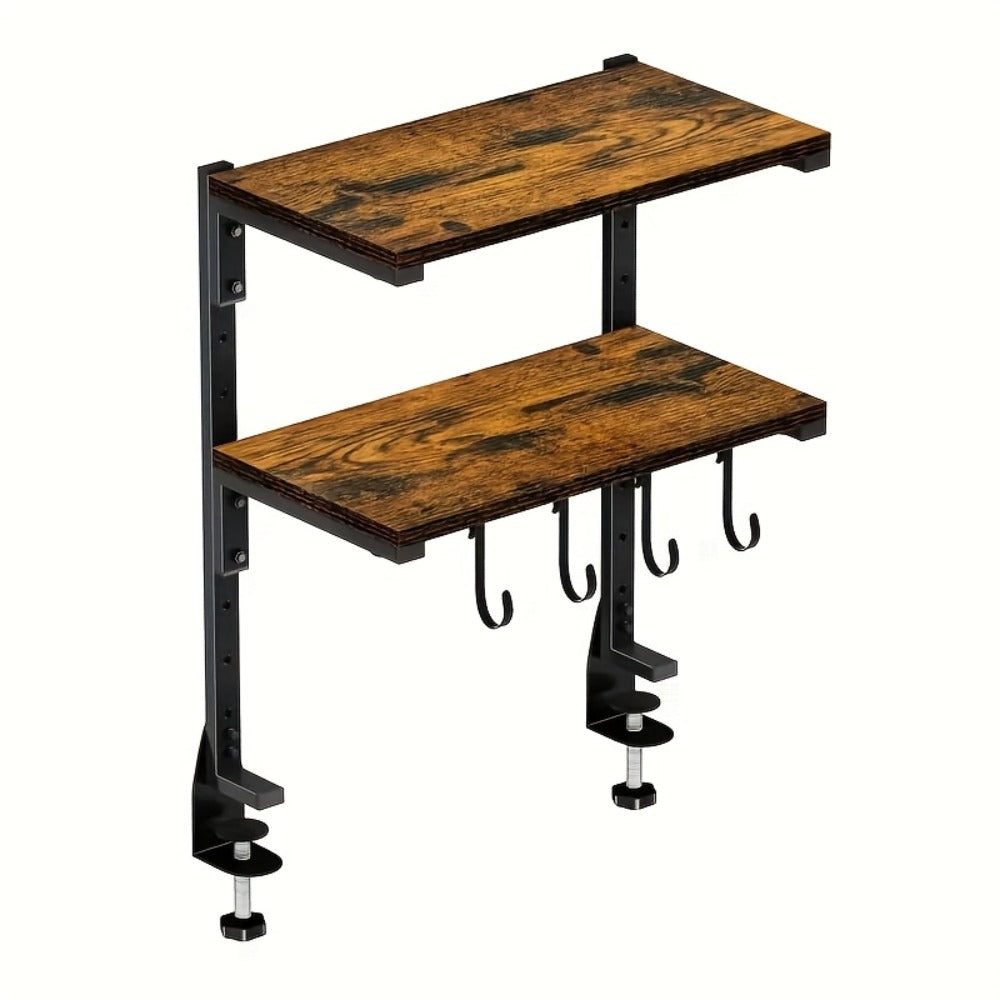 2-Tier Desktop Storage Shelf ¨C Heavy-Duty Carbon Steel Desk Organizer, Adjustable Space-Saving Rack with Rustic Brown Finish, No Tools Needed, for Home Office Desk Workshop Workspace
