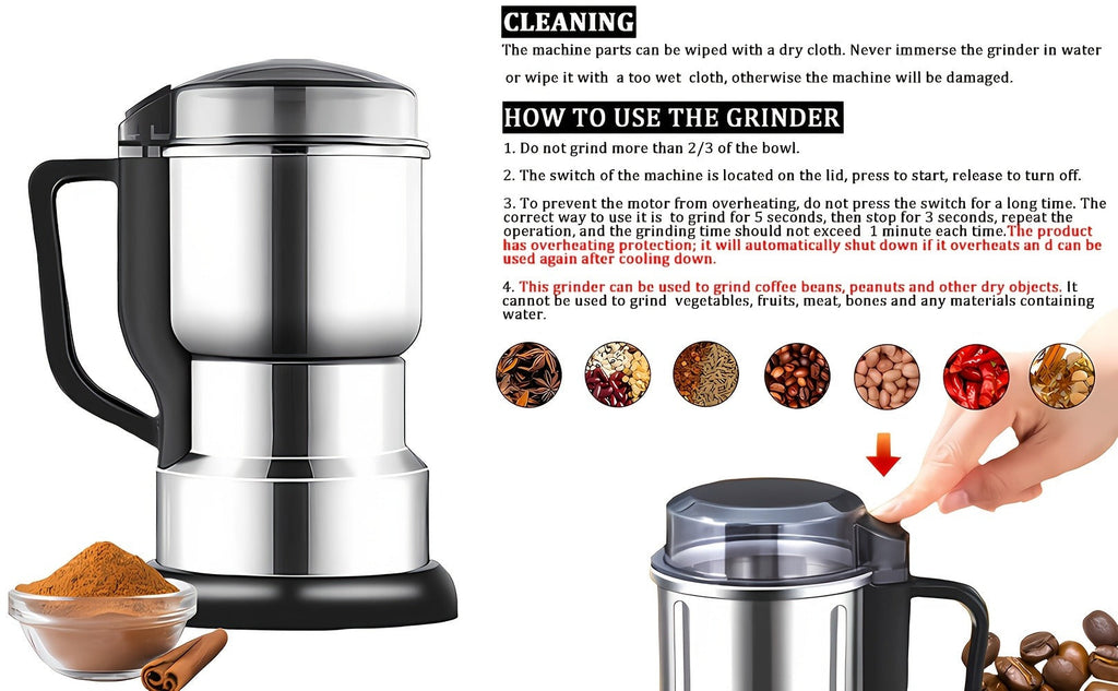 Electric Spice Grinder 300W ¨C Multifunctional 304 Stainless Steel Coffee Bean Herb Seasoning Grain Grinder Machine for Kitchen, Large Capacity, Powerful & Fast