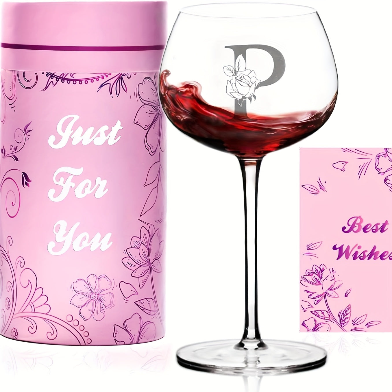 Personalized Wine Glass Gift for Women ¨C A-Z Initial Letter Monogrammed Wine Glass with Gift Box & Greeting Card ¨C Unique Birthday, Christmas & Mother's Day Gift for Mom, Best Friend & Sister