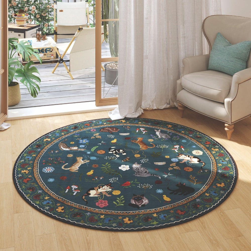 Boho Cat Floral Area Rug ¨C Vintage Blue Animal Print Low Pile Carpet, Non-Slip Soft Rug for Living Room, Bedroom & Dining Room, Round & Runner Sizes, Easy Clean