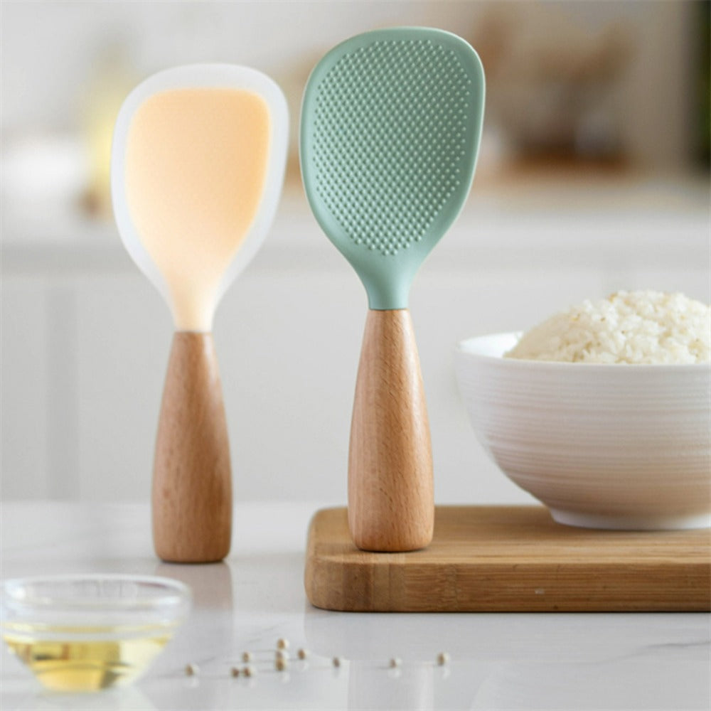 Silicone Rice Spatula Serving Spoon 2 Pack Wooden Handle Heat Resistant Durable Standing Spoon for Nonstick Pans Rice Cookers Grains Potato Server Kitchen Utensil Orange