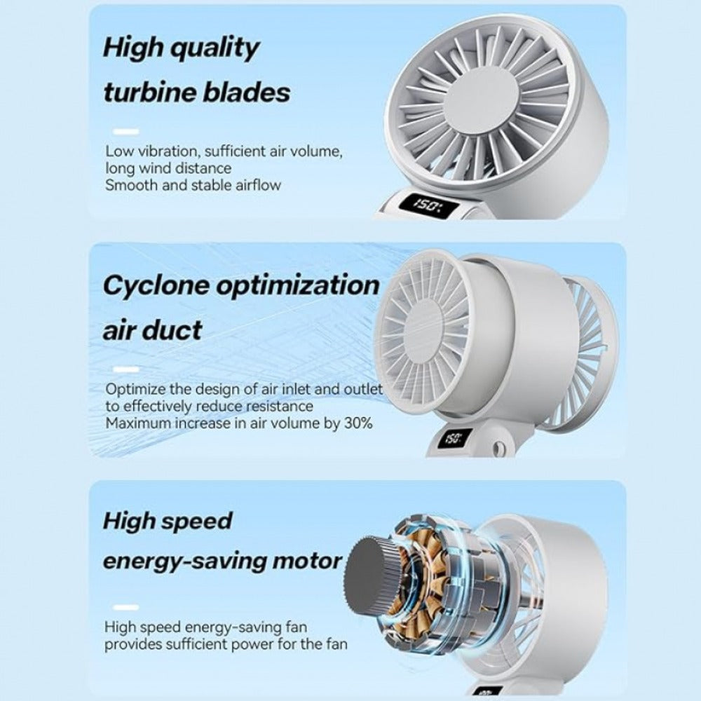 Handheld Fan USB-C Rechargeable 150-Speed Stepless Adjustable Turbo Fan LED Display Foldable Wearable Neck Desk Fan for Outdoor Travel Office Camping Black White Yellow