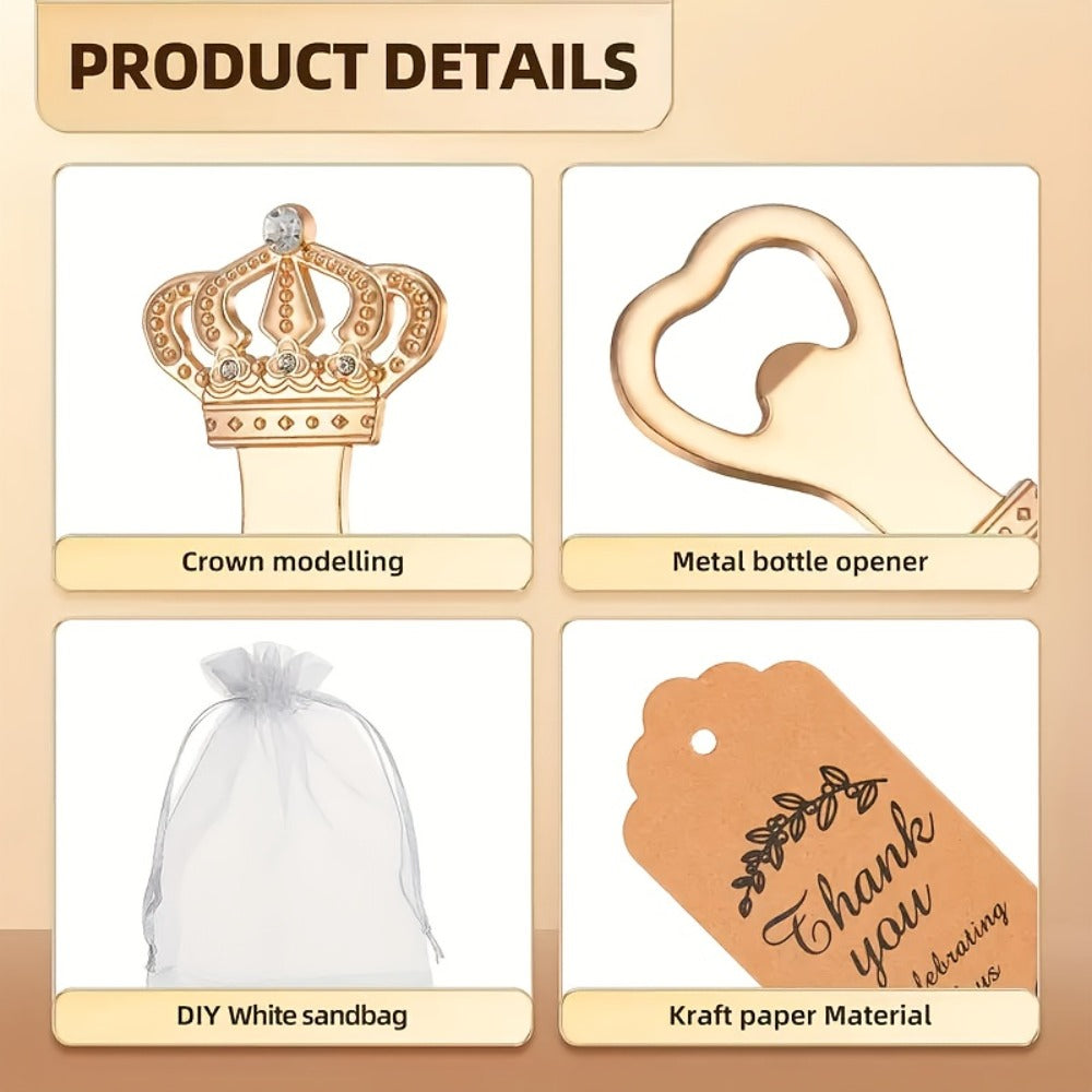 Crown Bottle Opener Wedding Favors 10 Sets 31pcs - Rose Gold Party Gift for Guests with Organza Bag Thank You Tag Twine for Bridal Shower Birthday Baby Shower Bar Kitchen