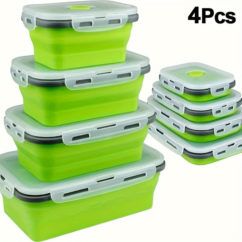 Foldable Meal Prep Containers Set of 4 - Airtight Lids, 4 Sizes, Microwave Dishwasher Refrigerator Safe, Stackable Food Storage for Lunch, Meal Prep, RV, Outdoor Snacks - Green, Red, Blue