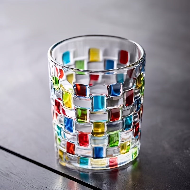 Hand-Painted Drinking Glasses Set ¨C Colorful Square Lattice Woven Handcrafted Glass for Water, Juice, Whiskey & Beer ¨C Artistic Decorative Glassware for Home Bar & Entertaining ¨C 2pc or 4pc
