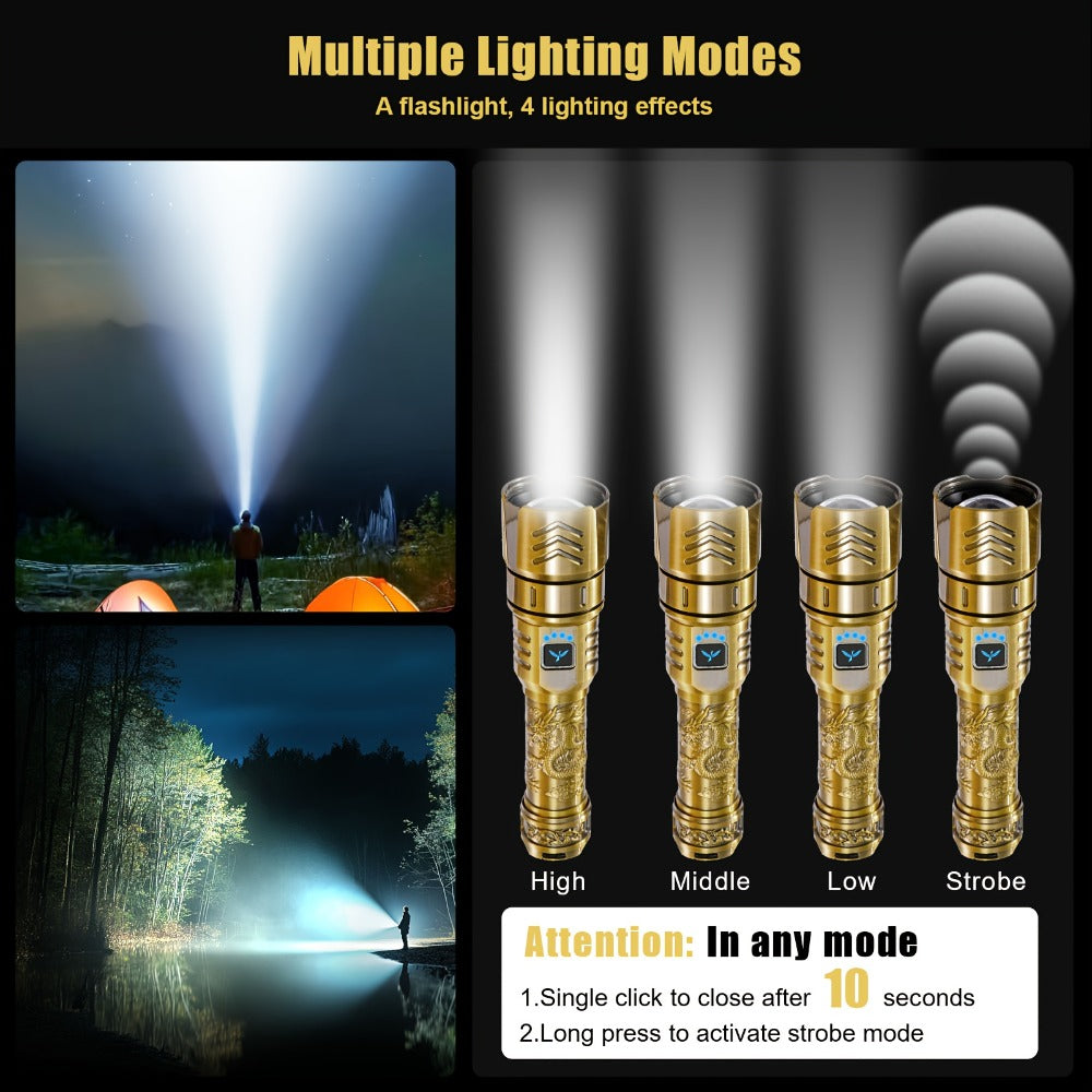 Tactical LED Flashlight 5000mAh Rechargeable Zoomable with Ignition Lens ¨C 4 Modes High Brightness Golden Dragon Pattern Spotlight for Camping Outdoor Hiking Emergency Household Use