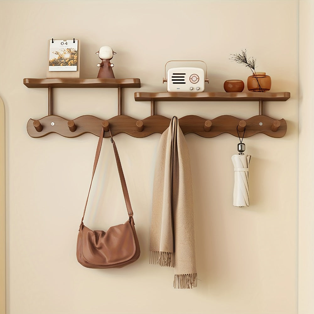 Bamboo Wall Mounted Coat Rack with 8 Hooks, Entryway Coat Hook Rack with Storage Shelf, Space Saving Hallway Organizer for Coats Hats Bags Keys, Modern Wooden Wall Hanger for Bedroom Entrance Living Room
