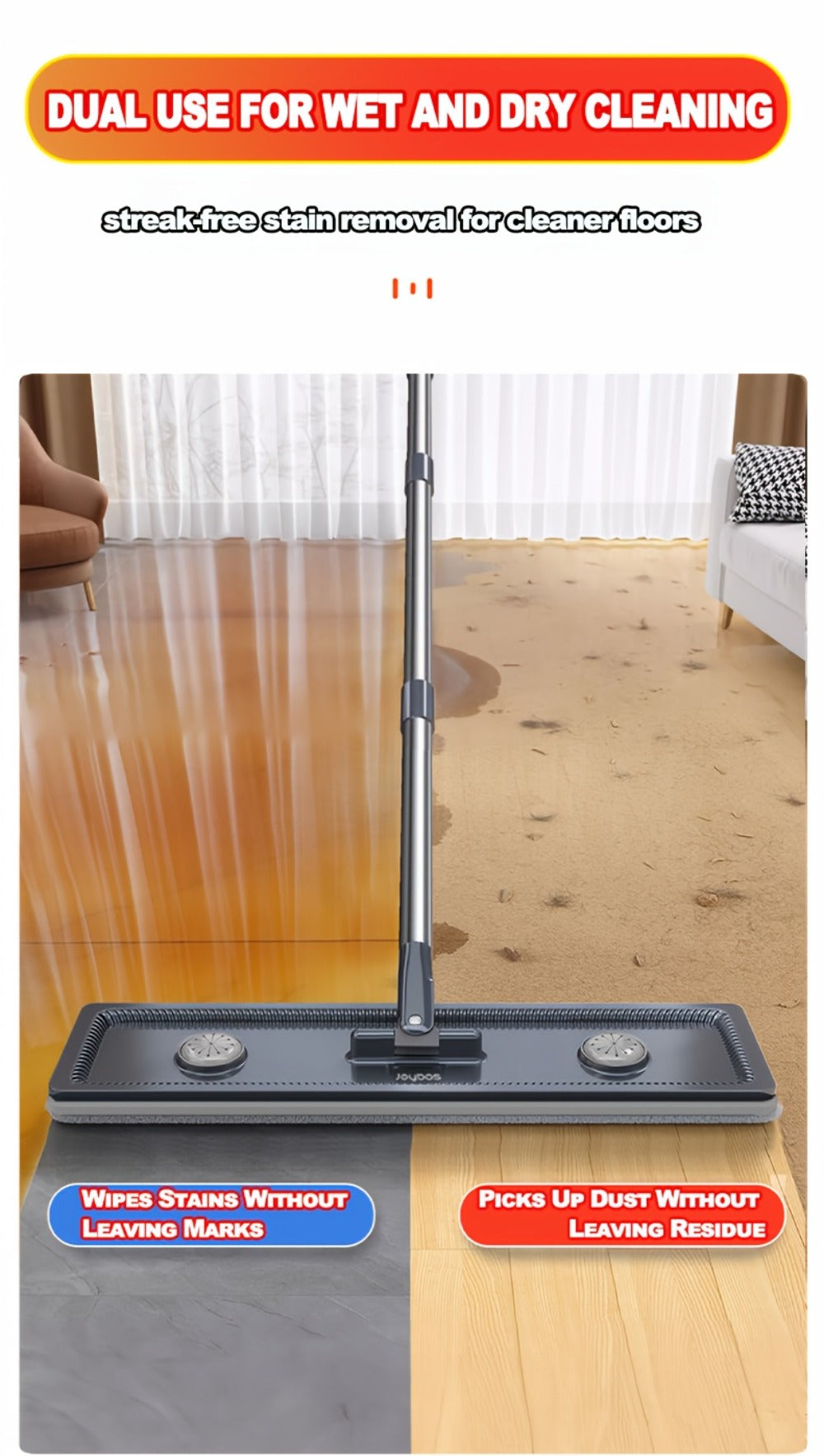 Flat Mop and Bucket System with Washable Reusable Microfiber Pads Dual Bucket Wringer Wet Dry Floor Mop for Hardwood Tile Marble Wall Cleaning Stainless Steel Handle 12.99in or 15.74in Mop Head
