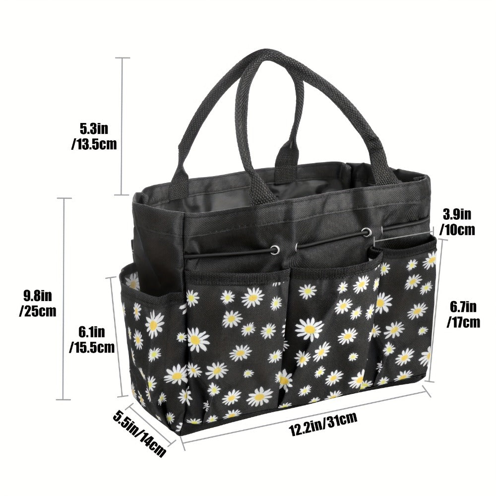 Garden Tool Bag Heavy Duty Multi-Pocket Organizer ¨C Large Capacity Tool Storage Carrier Tote for Gardening, Lawn Care, Camping & Outdoor Work, Portable Daisy Pattern, Black & Gray (No Tools Included)