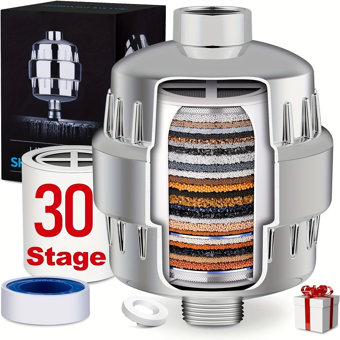 Shower Head Filter 30-Stage ¨C Chlorine Removal Hard Water Softener Clog Prevention Bathroom Showerhead Filter Silver Black