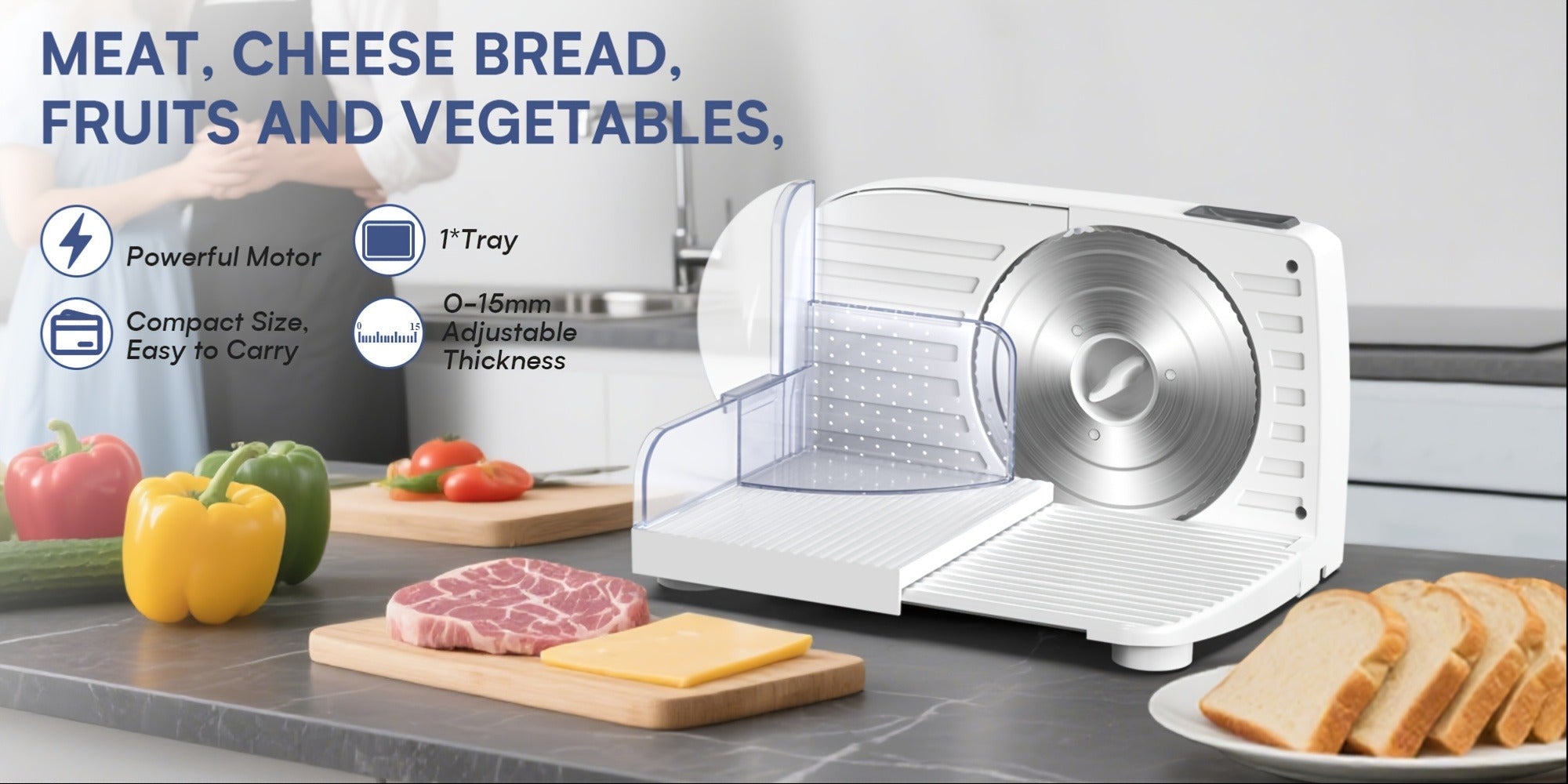 Electric Meat Slicer 0-15mm Adjustable Thickness ¨C Home & Commercial Deli Food Cutter for Meat, Vegetables, Fruits, Bread & Lamb, Stainless Steel Blade, Easy to Clean Kitchen Slicing Machine