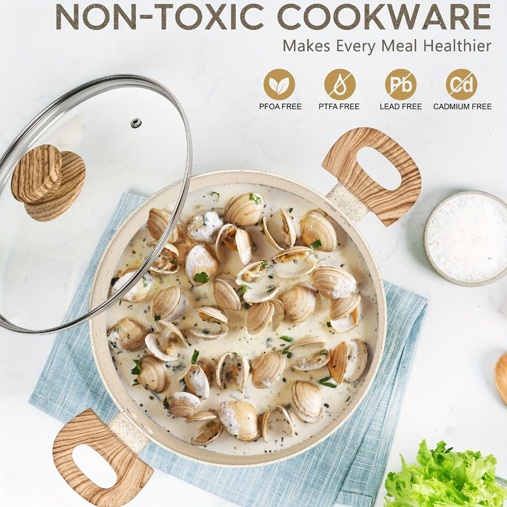 Nonstick Stock Pot Granite Soup Pot with Lid Induction Compatible Aluminum PFOA Free Stay Cool Handle for Soup Stew Pasta Seafood Curry 5qt 6qt 8qt 10qt Black White