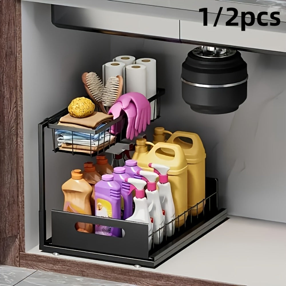 Under Sink Organizer Pull Out 2 Tier Slide Out Cabinet Shelf ¨C Kitchen Bathroom Storage Rack Utility Organizer 1 or 2 Pack