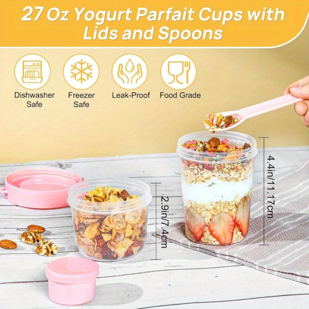 Yogurt Parfait Cups with Leakproof Lids and Spoons 4-Pack 27oz Large Microwave Safe Stackable Breakfast Containers Separate Toppings Compartment BPA-Free for Overnight Oats Cereal Meal Prep Home Office Travel