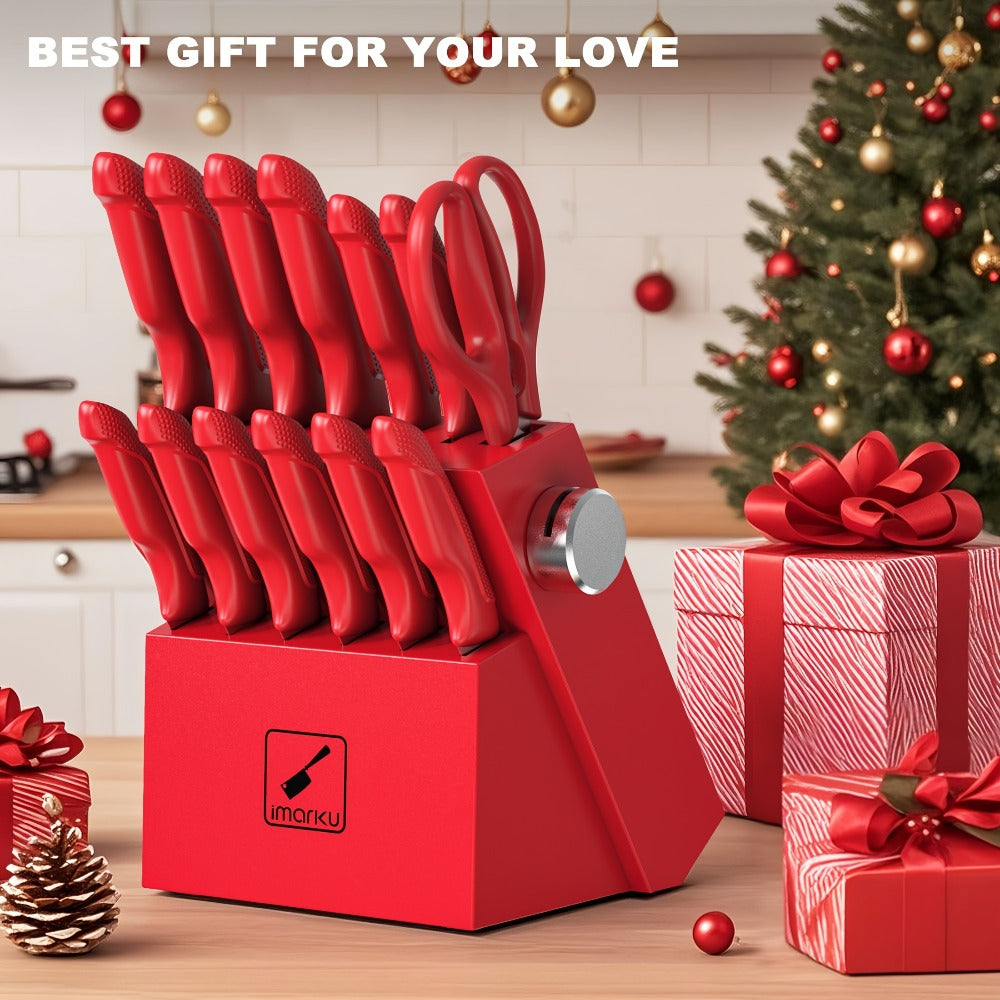 Kitchen Knife Set with Block 14pcs ¨C Japanese 420 Stainless Steel, Built-in Sharpener, Non-Slip Ergonomic Handle, Dishwasher Safe ¨C Professional Chef Knife Set for Home & Restaurant